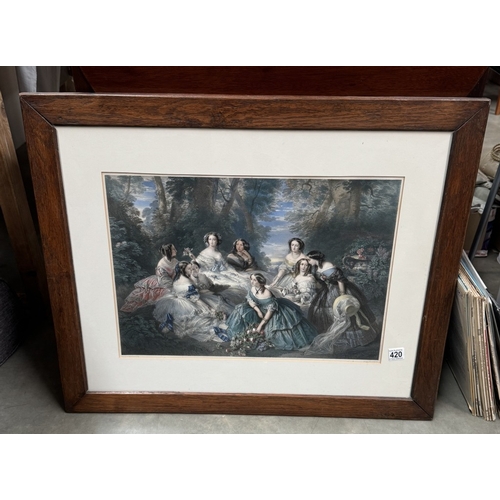 420 - An oak framed print of ladies in period dress. 74 x 61cm