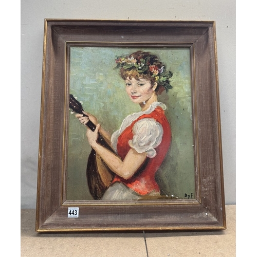 443 - A vintage oil on board of a lady with a instrument