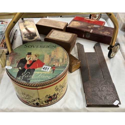 451 - A quantity of vintage advertising tins, wooden boxes & lacquered gloves box