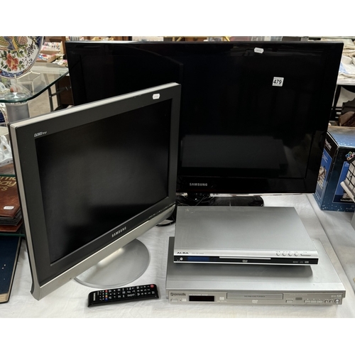 479 - A Samsung 32 inch TV, Smaller TV & 2 DVD players (Missing some leads)