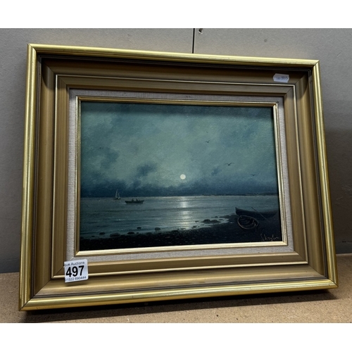 497 - A framed oil on canvas moonlight beach scene