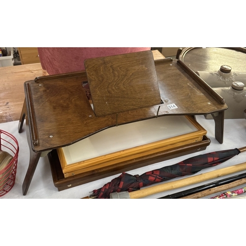 514 - A vintage Mahogany folding bed tray, another in oak with book rest & 1 other