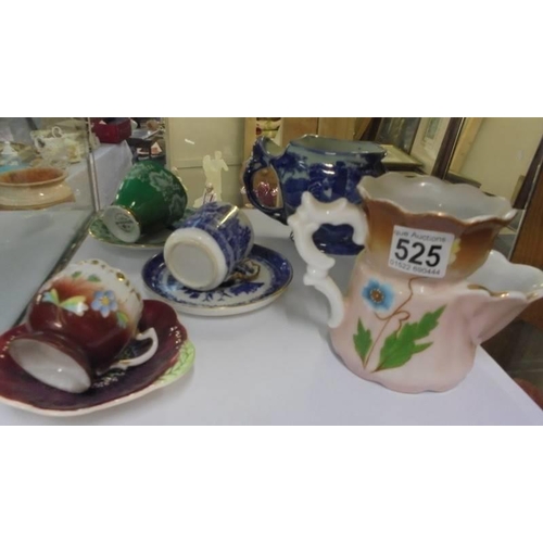 525 - Two shaving mugs and three tea cups and saucers.