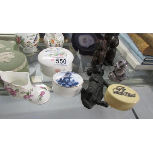 550 - A mixed lot including pair of Noritake vases, Wedgwood Jasper ware boxes, pill boxes, figures etc.,