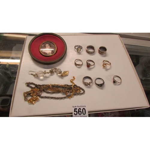 560 - Nine rings, other jewellery &  A modern framed miniature portrait.