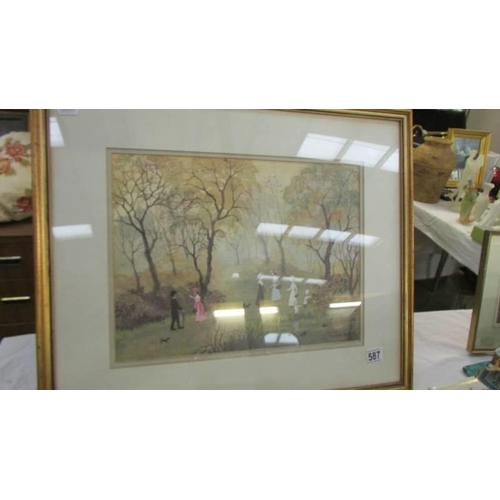 587 - A framed and glazed print signed Helen Bradley, COLLECT ONLY.