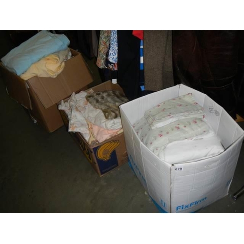 679 - Three boxes of assorted linen etc.,