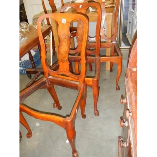 720 - A set of four late Victorian inlaid chairs, one a/f, missing seat pads. COLLECT ONLY.