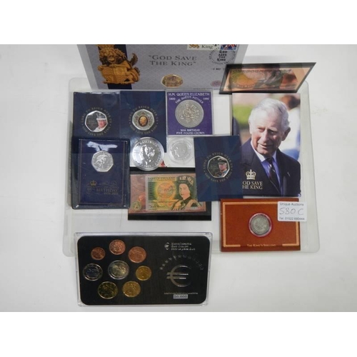 530C - A mixed collection of coins including King Charles 50p's, God Save The King FDC 50p, Crowns, Euro se... 