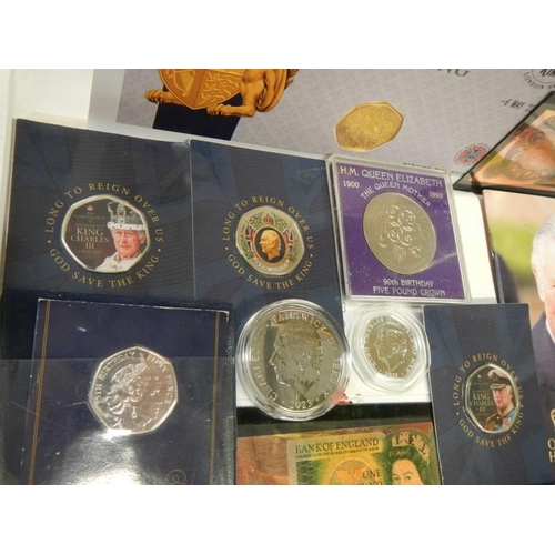 530C - A mixed collection of coins including King Charles 50p's, God Save The King FDC 50p, Crowns, Euro se... 