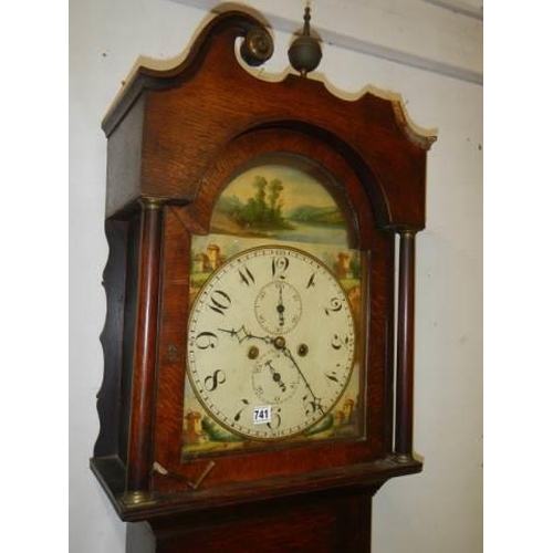 741 - An 8 day painted dial Grandfather clock, case needs repair, COLLECT ONLY.