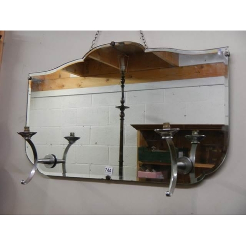 744 - A good art deco wall mirror with attached wall lights. COLLECT ONLY.