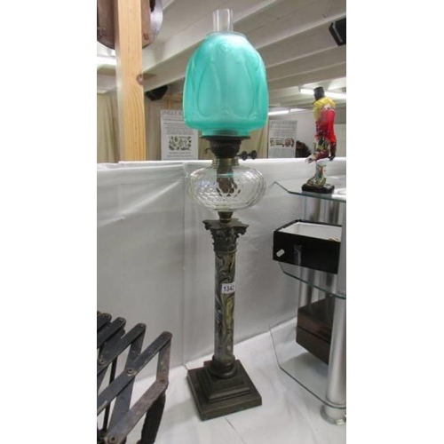 1342 - A fabulous Victorian Corinthian column oil lamp with glazed marblesque column and heavy cut glass fo... 