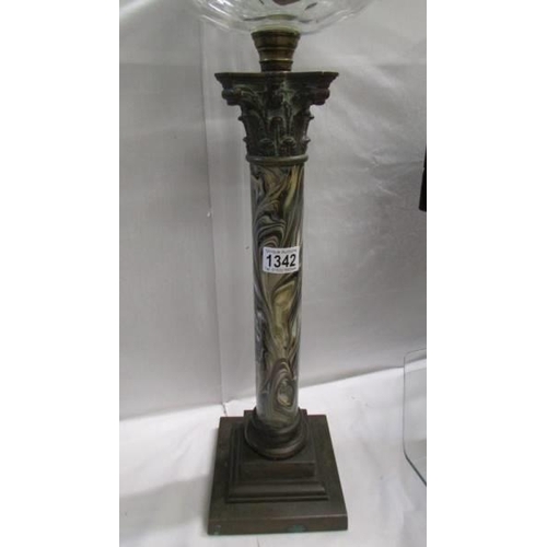 1342 - A fabulous Victorian Corinthian column oil lamp with glazed marblesque column and heavy cut glass fo... 