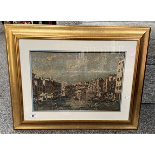 22 - A framed & glazed tapestry of Venice, gondolas in water, image 33cm x 49cm, frame 59cm x 47cm