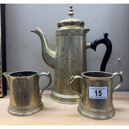 15 - An Indian brass 3 piece tea set