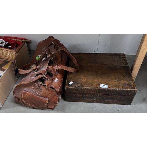 25 - A vintage wooden printing box with rollers & A fishing bag