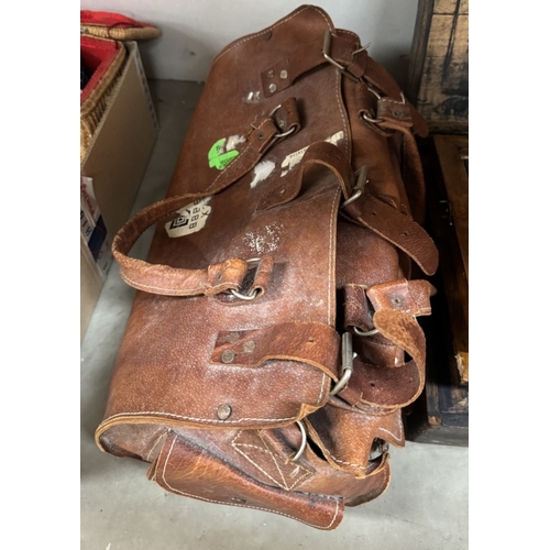 25 - A vintage wooden printing box with rollers & A fishing bag