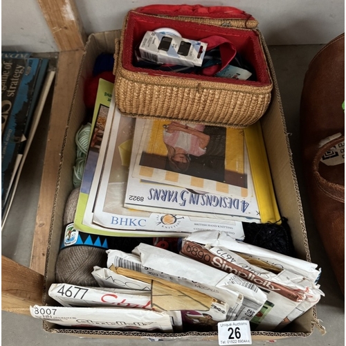 26 - A box of sewing patterns, knitting wool & A sewing box with contents