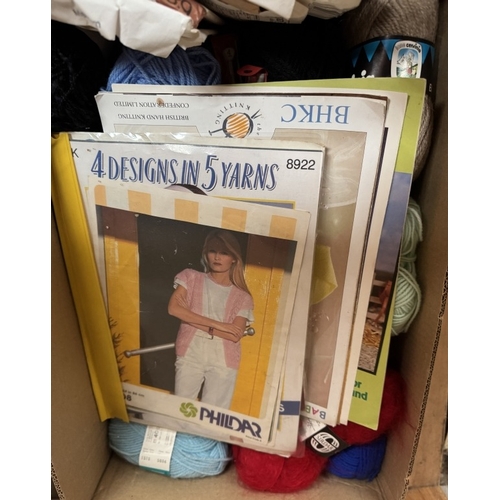 26 - A box of sewing patterns, knitting wool & A sewing box with contents