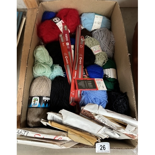 26 - A box of sewing patterns, knitting wool & A sewing box with contents