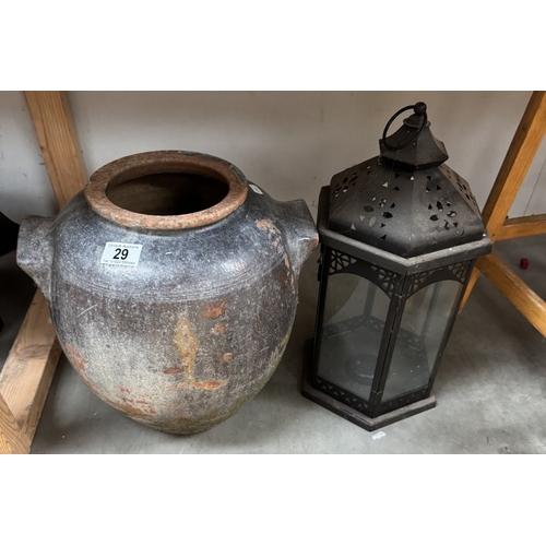 29 - A large terracotta urn planter (Cracked) & A lantern