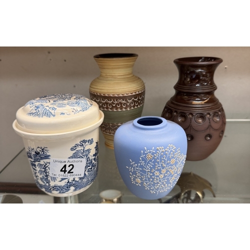 42 - 2 Pottery vases, Lidded masons pot & small blue posy vase