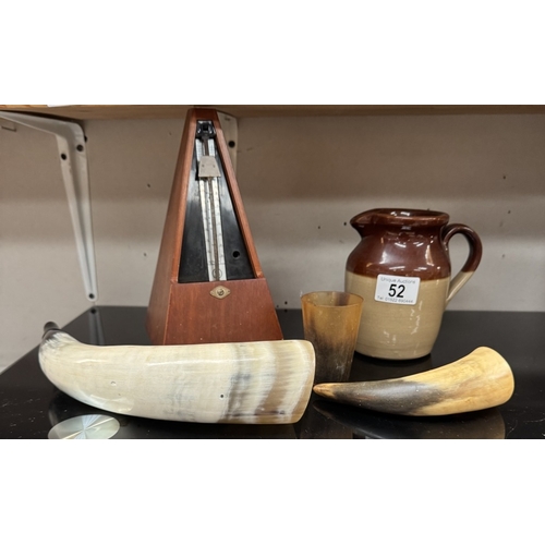 52 - A cow horn beaker & 2 others, A Metronome (no cover & Stoneware jug