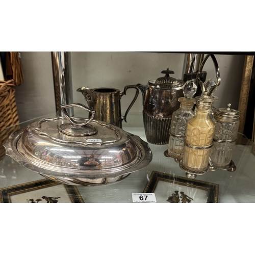 67 - A silver plate tureen, condiment set etc