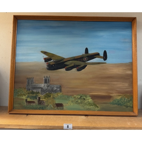 8 - A painting on board of a Lancaster over cathedral