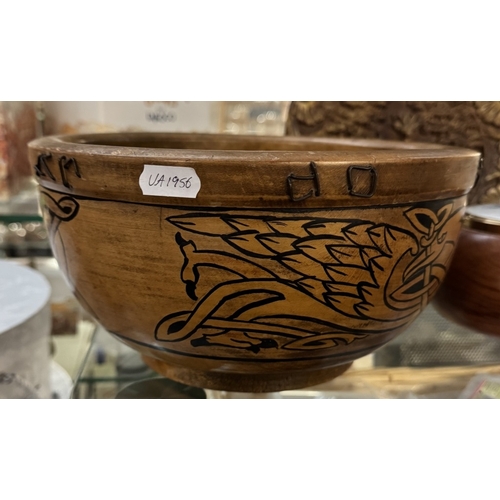 166 - A lovely wooden bowl with phoenix/dragon design around outside and 2 other wooden items