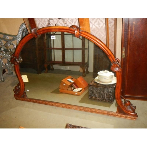 1448 - A Victorian/Edwardian mahogany overmantle mirror, 84 cm high x 135 cm wide, COLLECT ONLY.