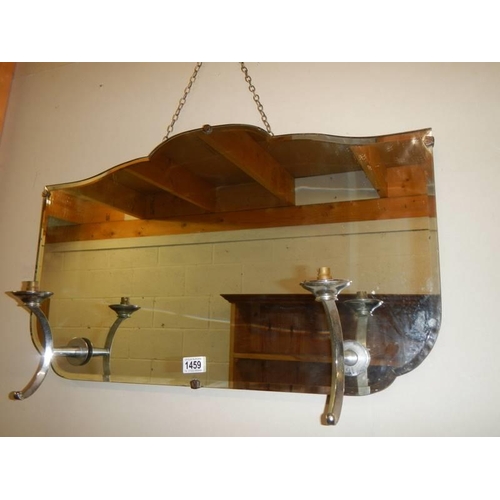 1459 - An art deco wall mirror with attached chrome wall lights. COLLECT ONLY.