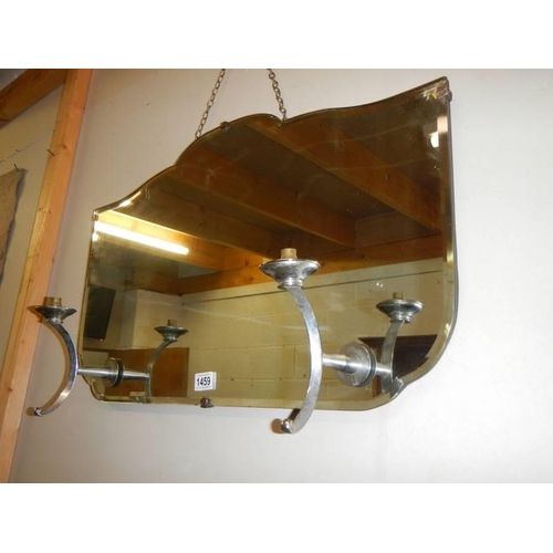 1459 - An art deco wall mirror with attached chrome wall lights. COLLECT ONLY.