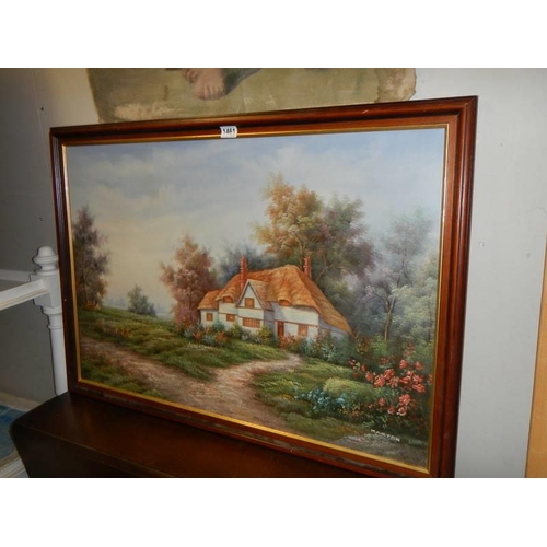 1461 - An oil on canvas thatched cottage scene signed Marten, COLLECT ONLY.