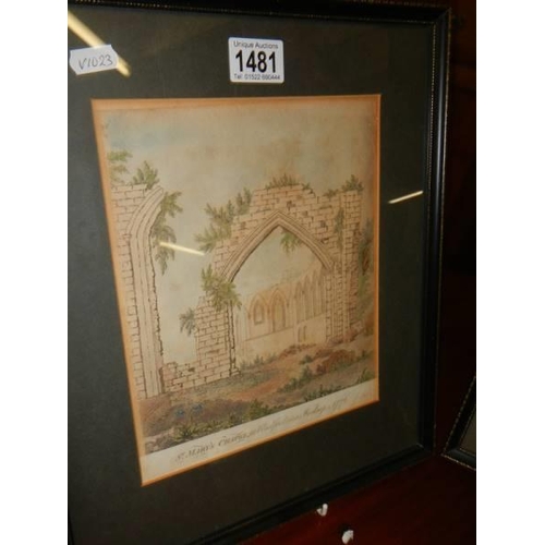 1481 - A pair of framed and glazed architectural prints. COLLECT ONLY.