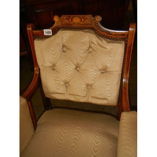 1489 - An Edwardian mahogany arm chair. COLLECT ONLY.