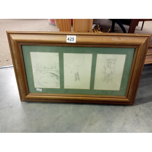 425 - 3 pictures of Winnie the Pooh in a framed and glazed frame