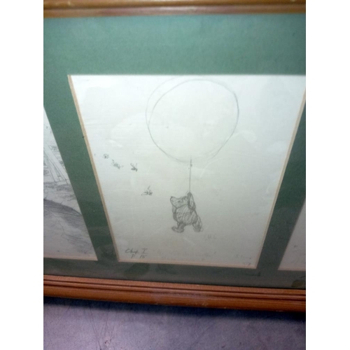 425 - 3 pictures of Winnie the Pooh in a framed and glazed frame