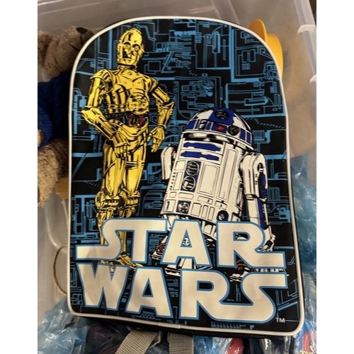 733 - 2 Star Wars backpacks & a box of toys