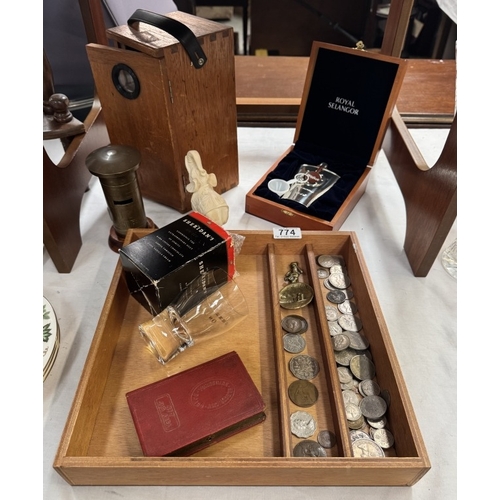 774 - A good tray of miscellaneous items including a Weems and Plath hand held compass, Royal Selangor coi... 