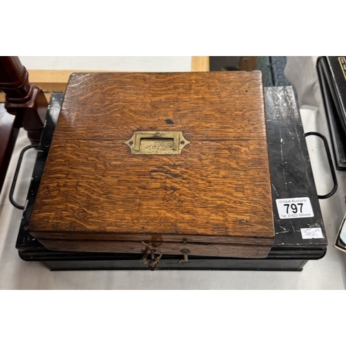 797 - A vintage metal deed box & an oak box