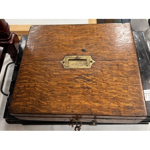 797 - A vintage metal deed box & an oak box