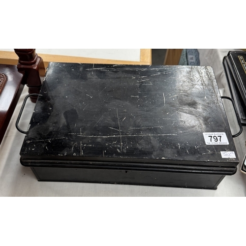 797 - A vintage metal deed box & an oak box