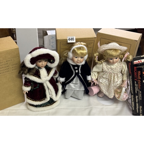 446 - 3 porcelain Doll's - Rosie, Isabelle & 1 other