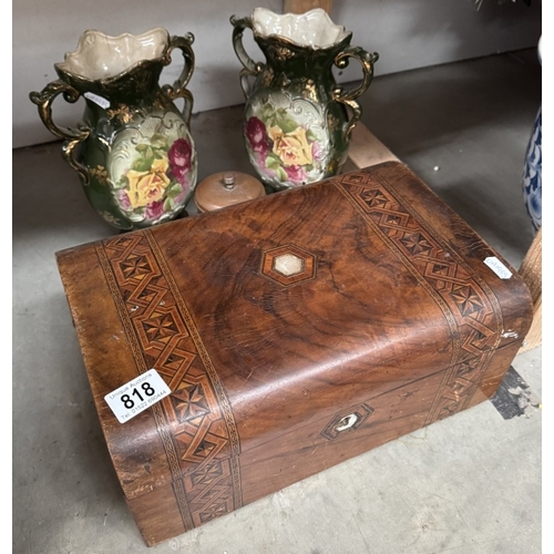 818 - A Victorian inlaid writing box, floral vases A/F & a copper & brass tea caddy