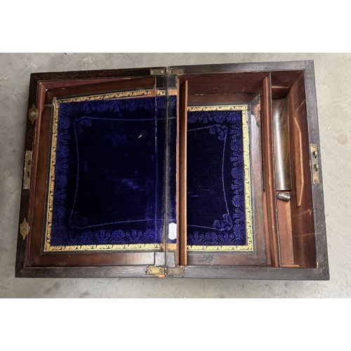 818 - A Victorian inlaid writing box, floral vases A/F & a copper & brass tea caddy