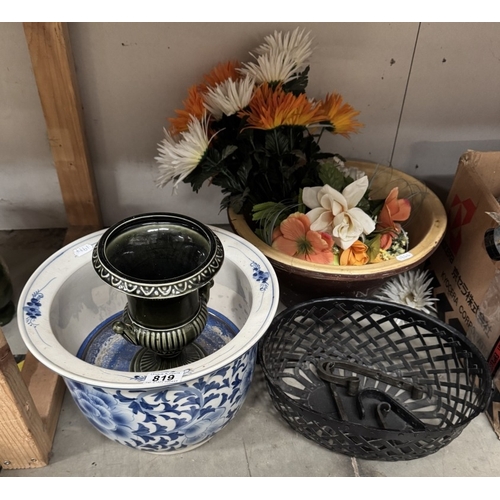 819 - A blue & white planter & stoneware basin etc.