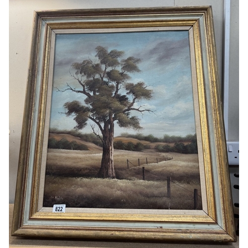 822 - A gilded framed oil on canvas, tall tree in field