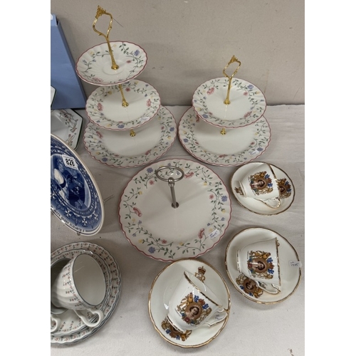 828 - A Johnson Bros Dreamland tea set , cake stands & 1953 Coronation cups & saucers